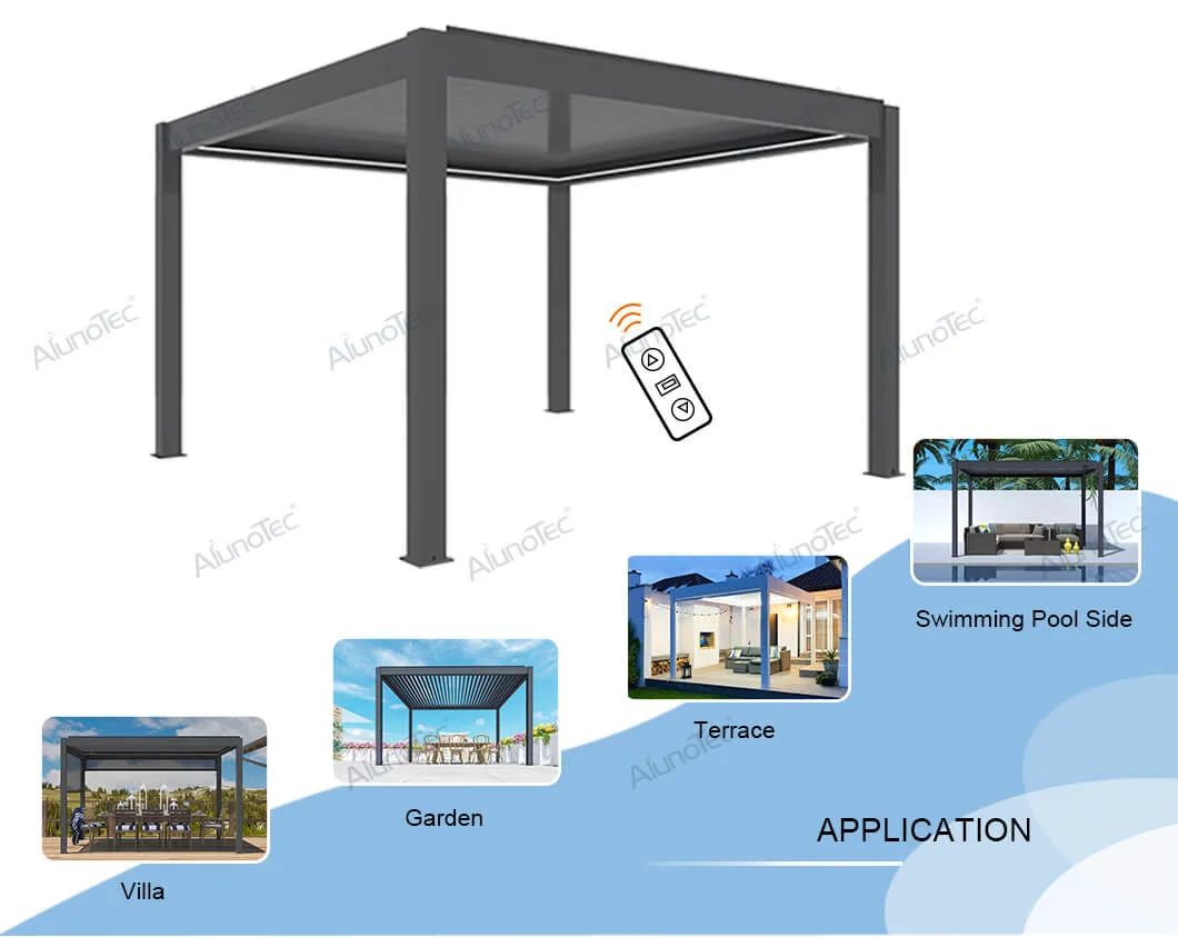 OEM/ODM Modern Furniture Hotel Tent Living Room Canopy Sun Shade Pavilion Bar Party Awning Restaurant Gazebo Outdoor Aluminum Pergola